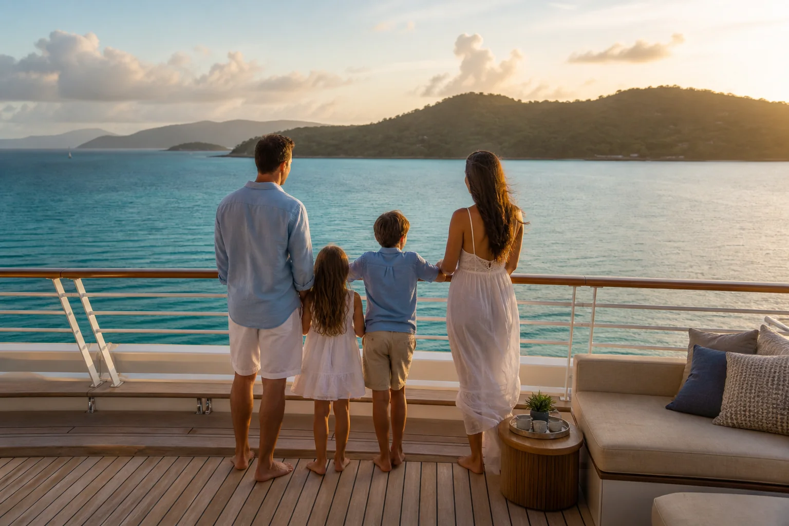 Family enjoying an ocean view from a cruise ship