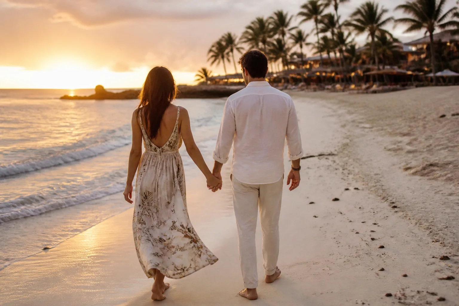 Adult couple walking on a tropical beach at sunset